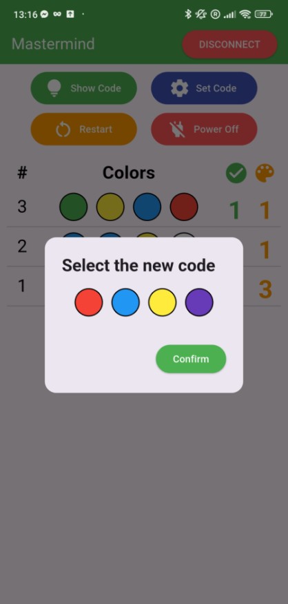 Application 'Set code' popup